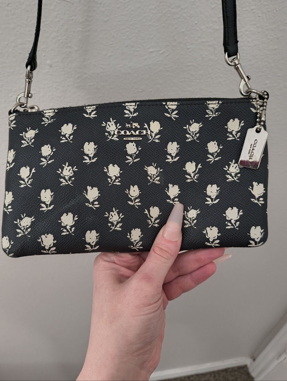Coach 52834 Badlands Floral Print Black Leather Crossbody Pouch Bag